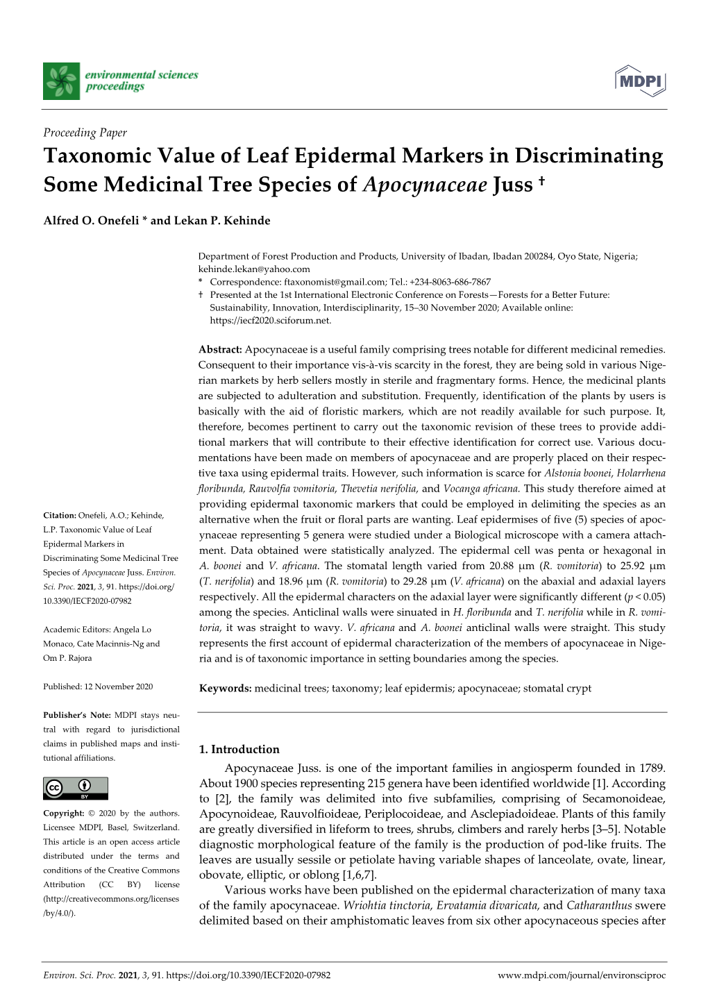 Taxonomic Value of Leaf Epidermal Markers in Discriminating Some Medicinal Tree Species of Apocynaceae Juss †