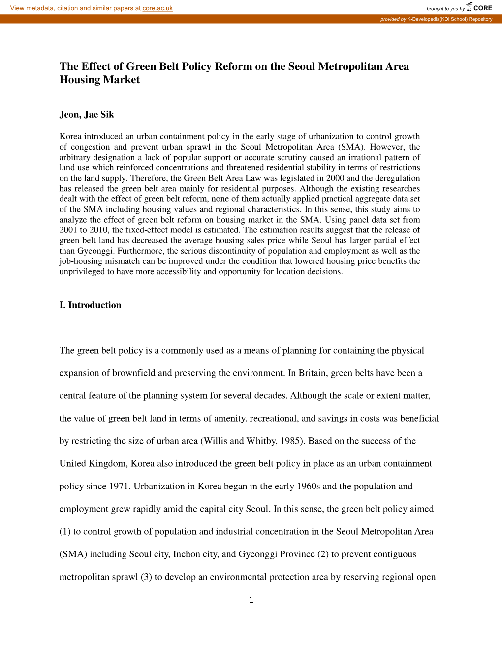 The Effect of Green Belt Policy Reform on the Seoul Metropolitan Area Housing Market