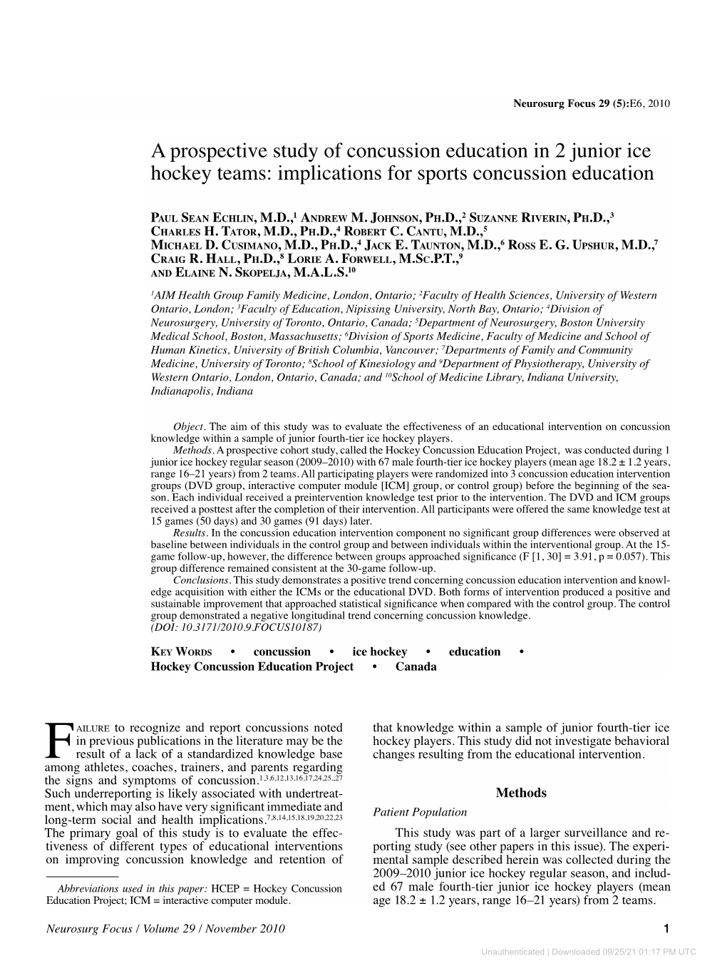 A Prospective Study of Concussion Education in 2 Junior Ice Hockey Teams: Implications for Sports Concussion Education