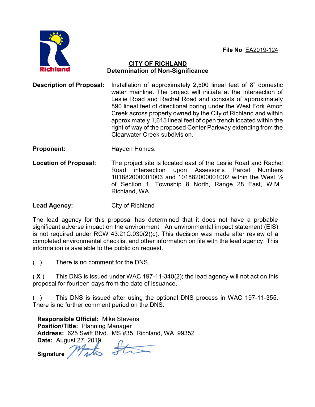 CITY of RICHLAND Determination of Non-Significance Description of Proposal