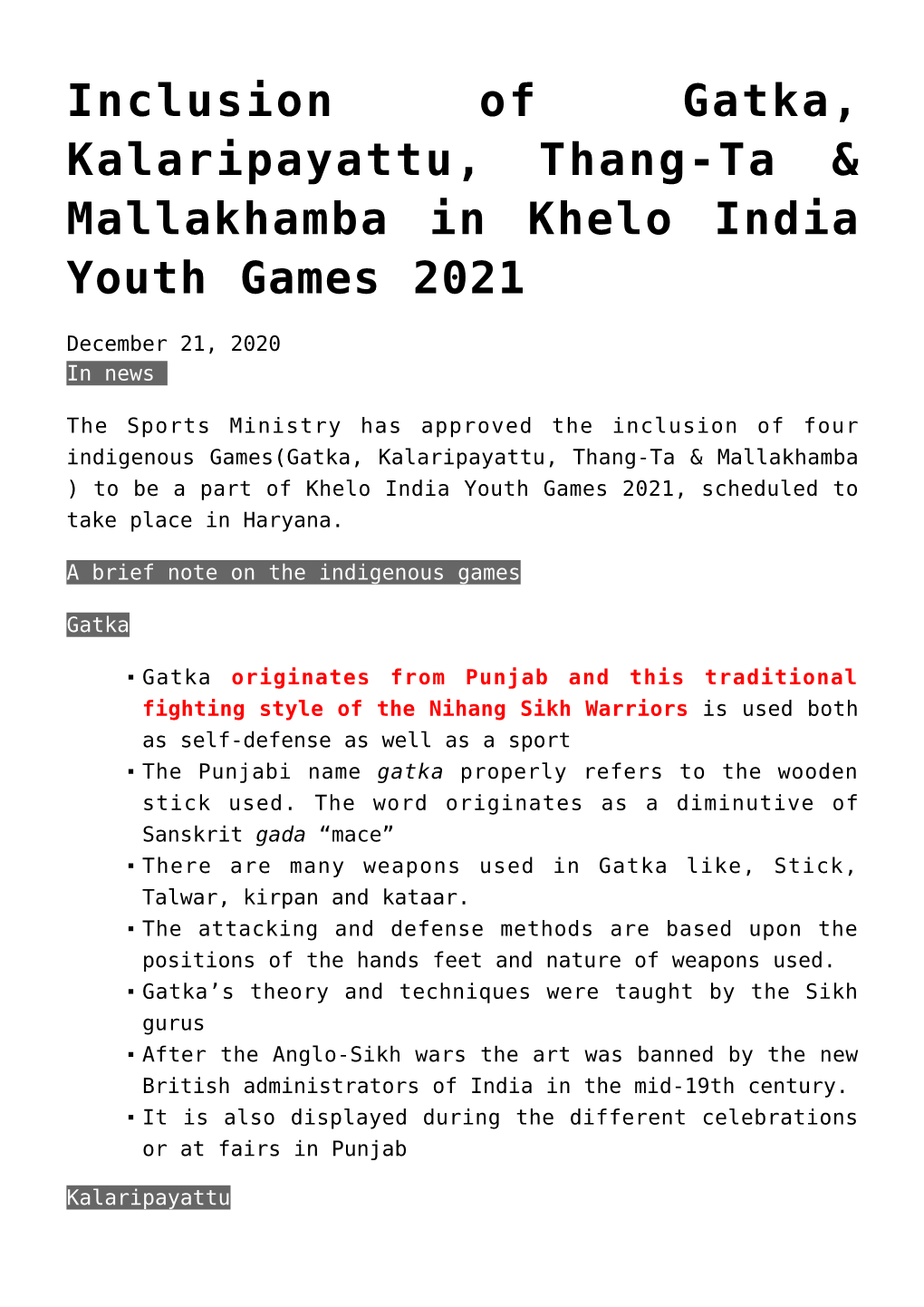 Inclusion of Gatka, Kalaripayattu, Thang-Ta & Mallakhamba in Khelo