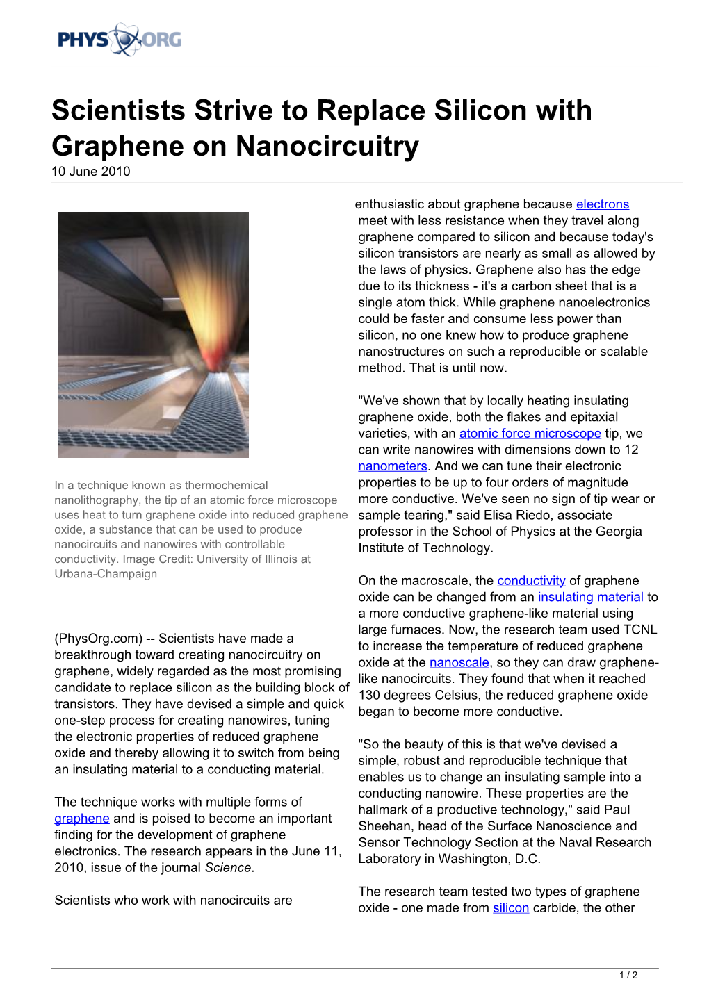 Scientists Strive to Replace Silicon with Graphene on Nanocircuitry 10 June 2010