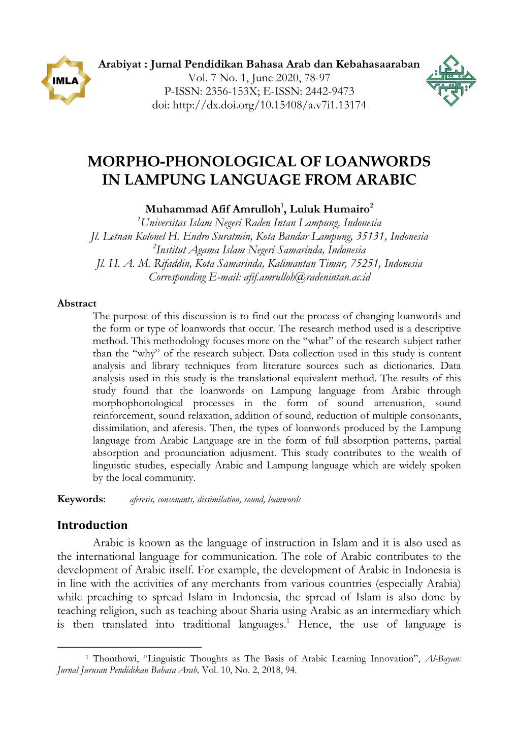 Morpho-Phonological of Loanwords in Lampung Language from Arabic