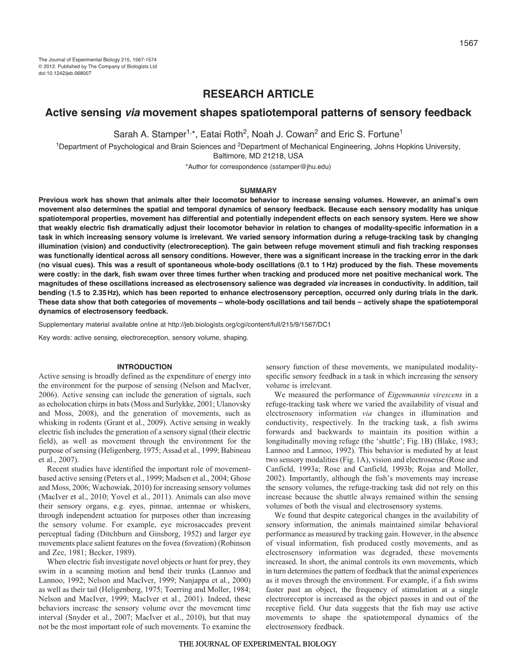 RESEARCH ARTICLE Active Sensing Via Movement Shapes Spatiotemporal Patterns of Sensory Feedback