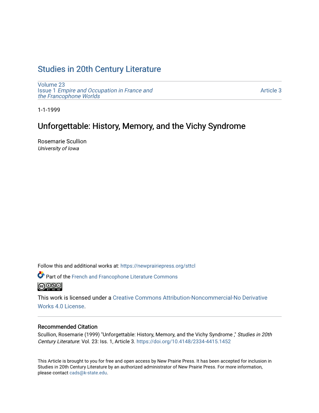 History, Memory, and the Vichy Syndrome