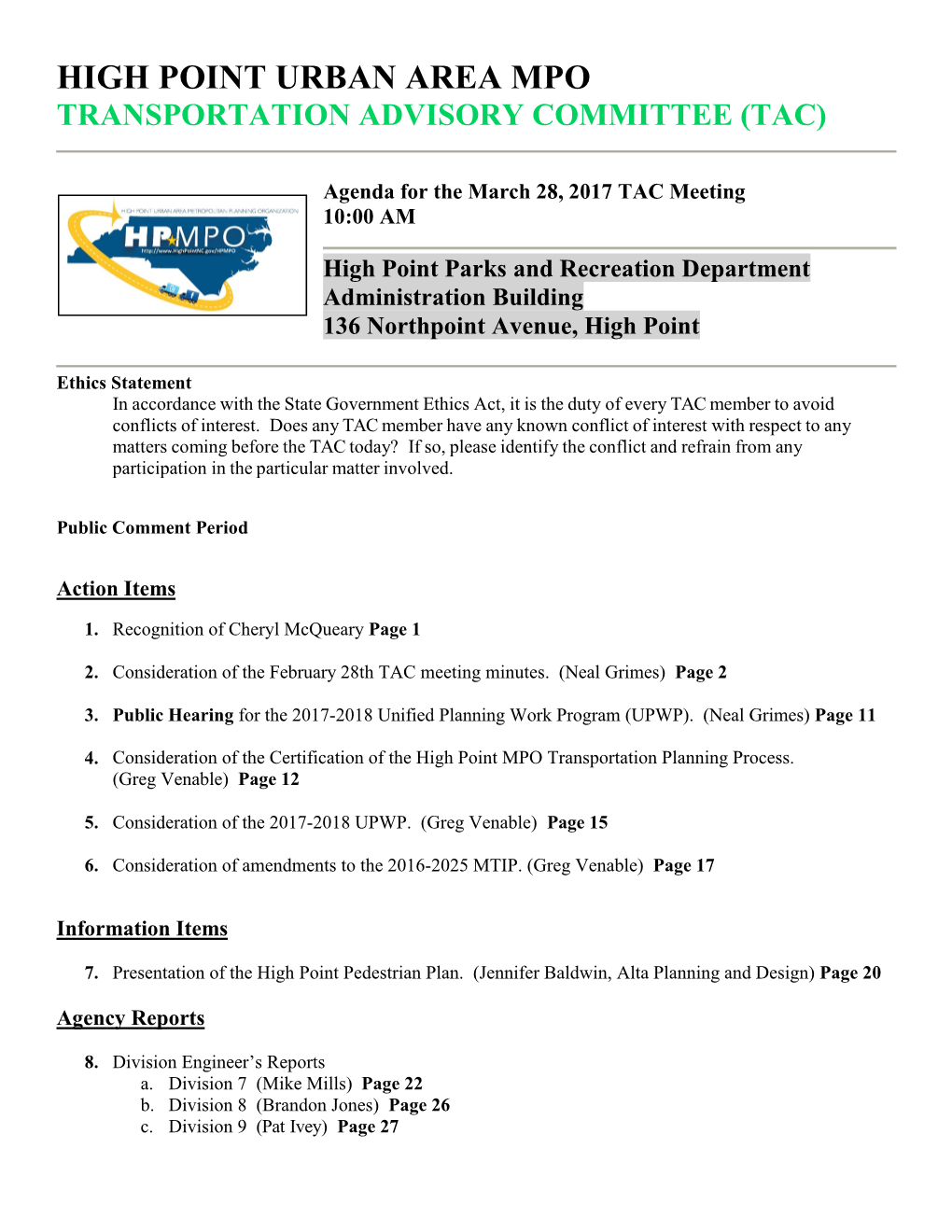 High Point Urban Area Mpo Transportation Advisory Committee (Tac)