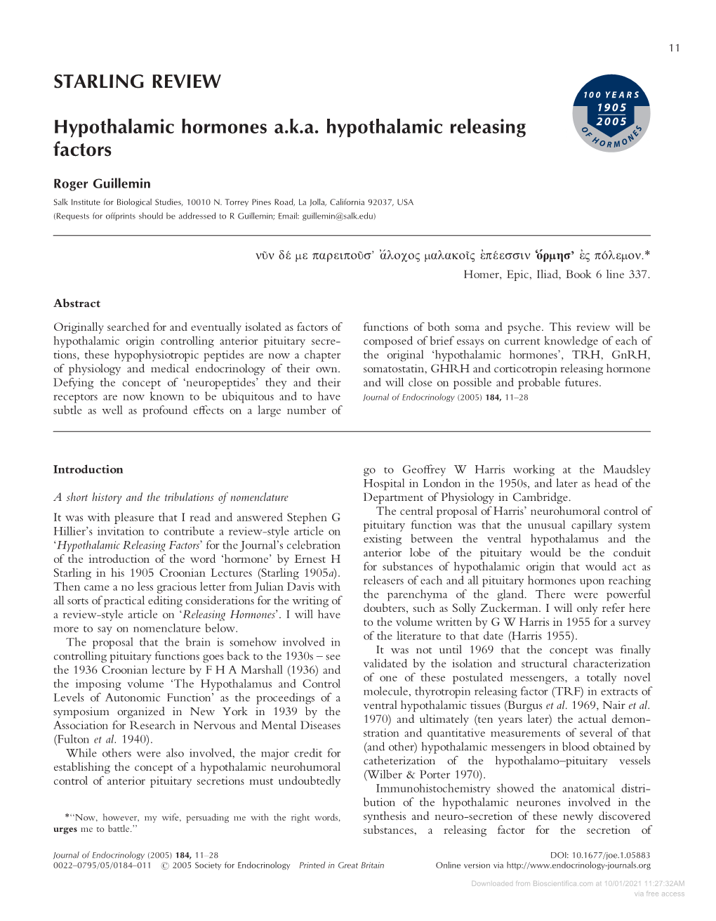 Downloaded from Bioscientifica.Com at 10/01/2021 11:27:32AM Via Free Access 12 R GUILLEMIN · Hypothalamic Releasing Factors