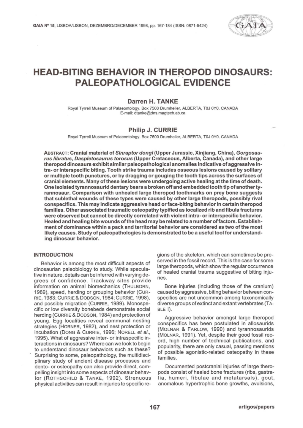 Head-Biting Behavior in Theropod Dinosaurs: Paleopathological Evidence