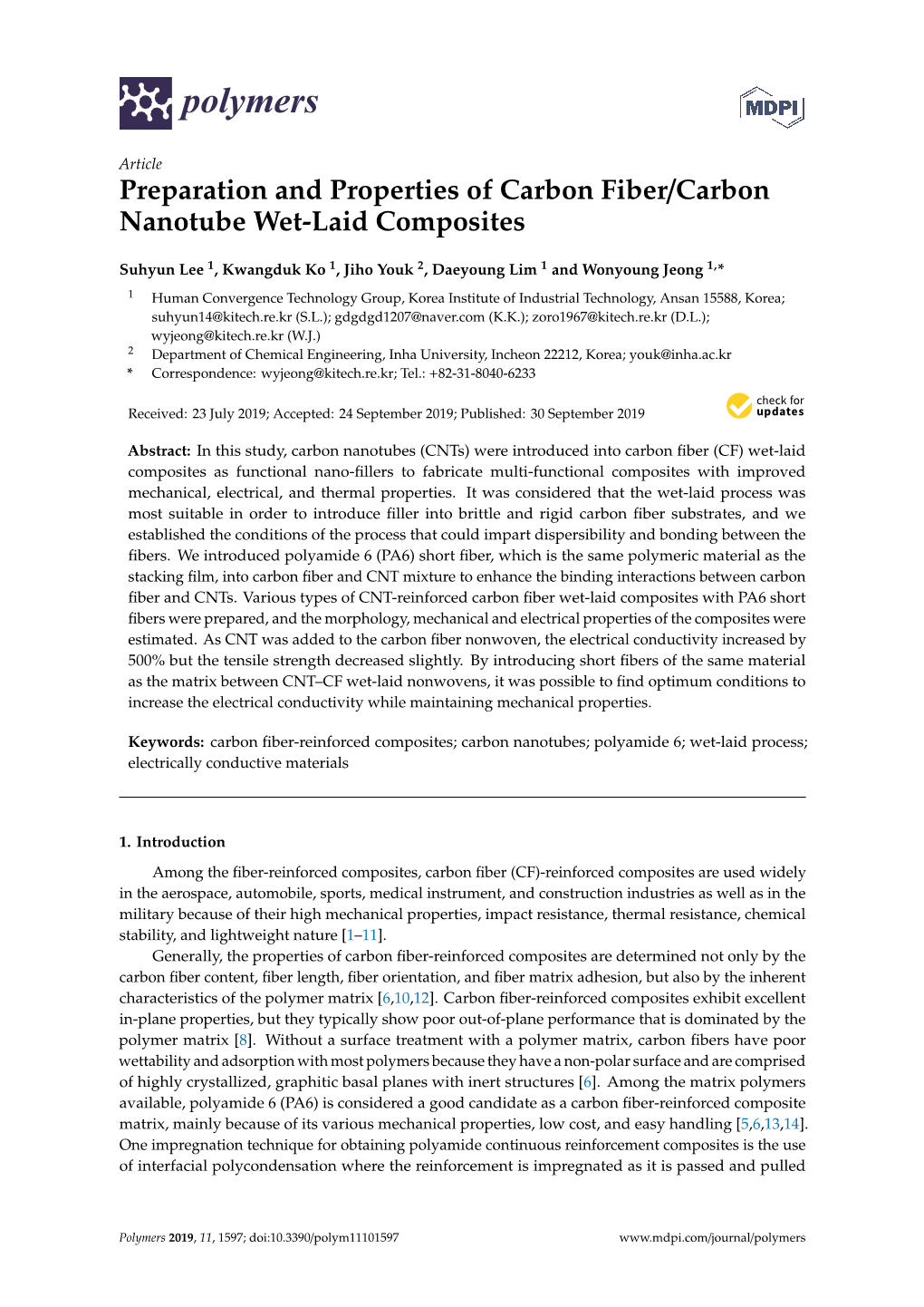 Preparation and Properties of Carbon Fiber/Carbon Nanotube Wet-Laid Composites