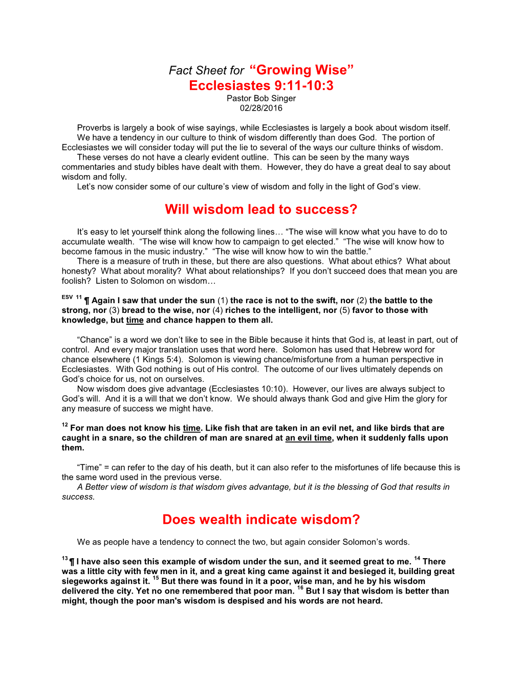 Fact Sheet for “Growing Wise” Ecclesiastes 9:11-10:3 Will Wisdom