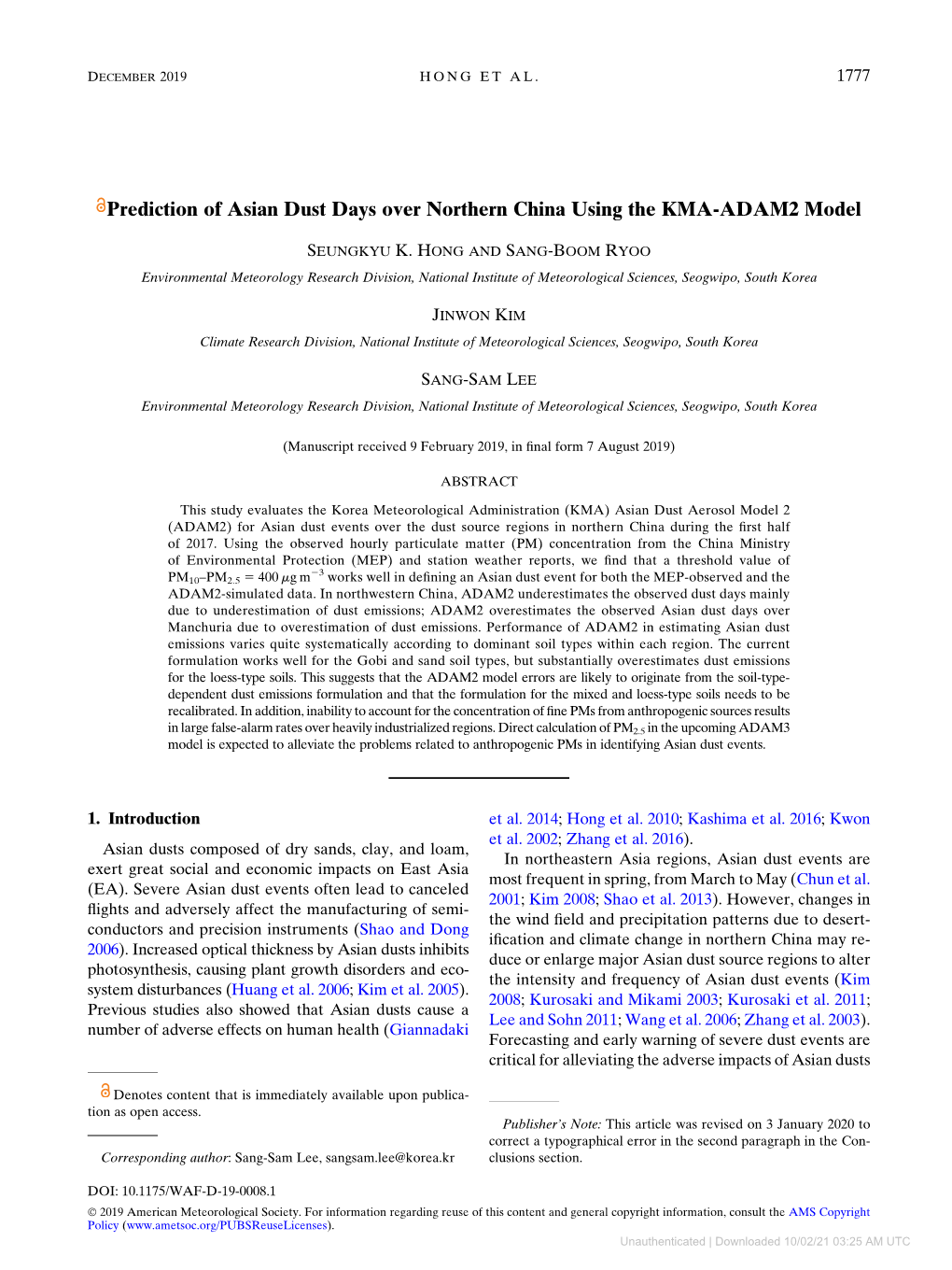 Prediction of Asian Dust Days Over Northern China Using the KMA-ADAM2 Model