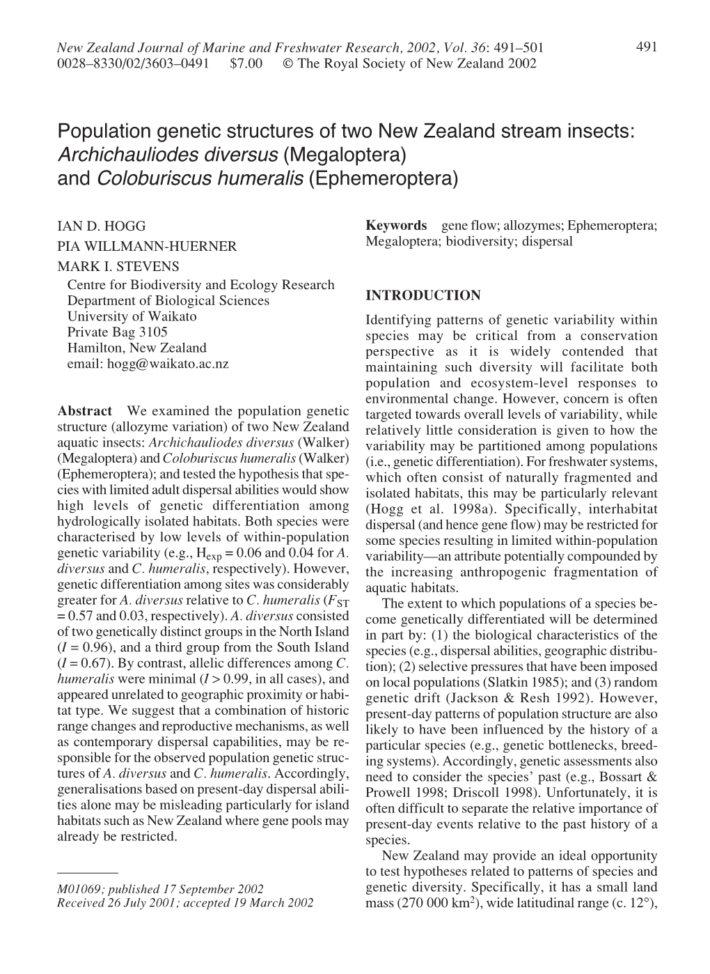 Population Genetic Structures of Two New Zealand Stream Insects: Archichauliodes Diversus (Megaloptera) and Coloburiscus Humeralis (Ephemeroptera)