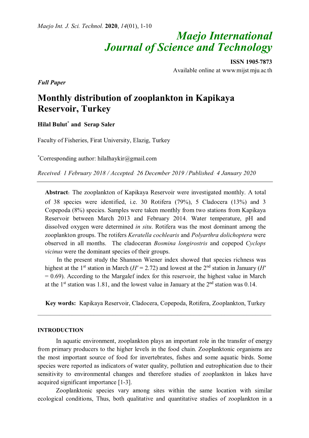 Monthly Distribution of Zooplankton in Kapikaya Reservoir, Turkey
