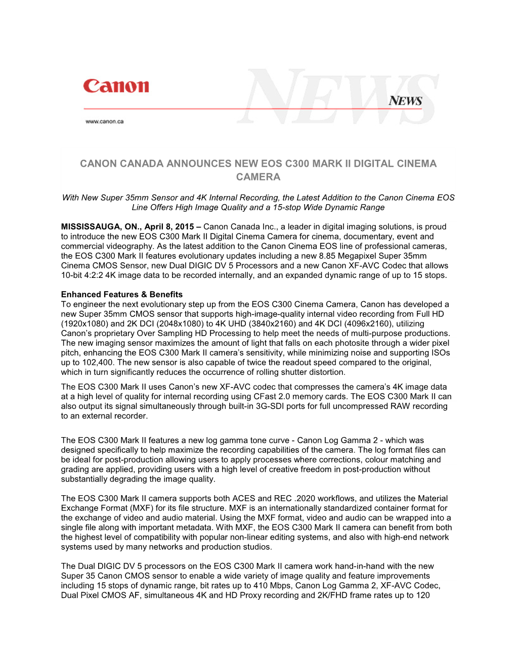 Canon Canada Announces New Eos C300 Mark Ii Digital Cinema Camera