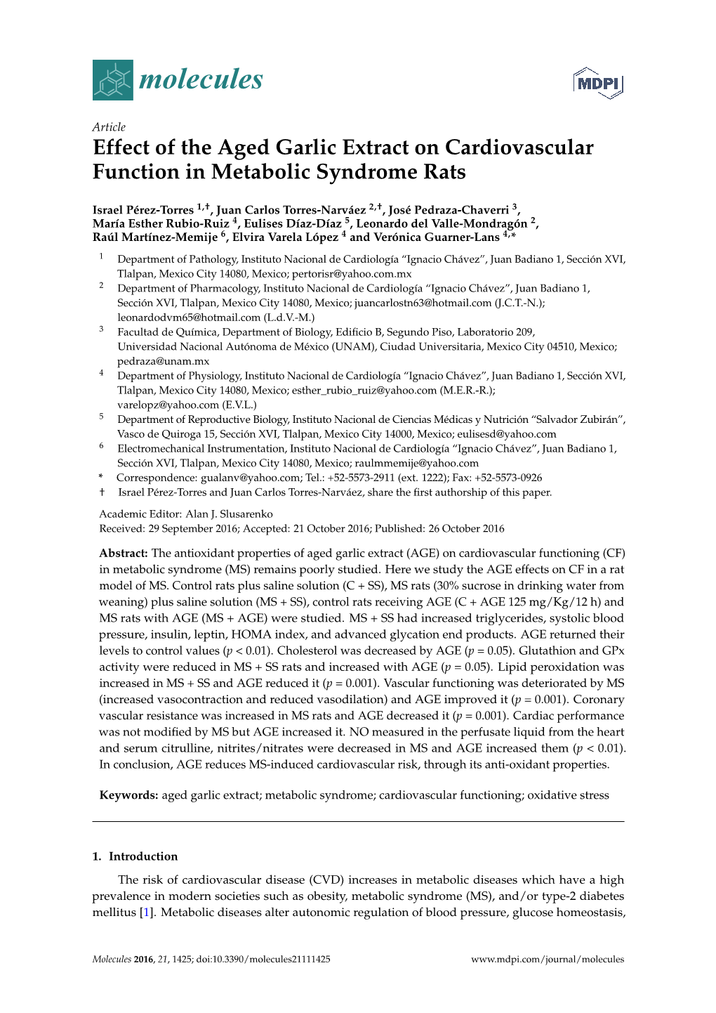 Effect of the Aged Garlic Extract on Cardiovascular Function in Metabolic Syndrome Rats