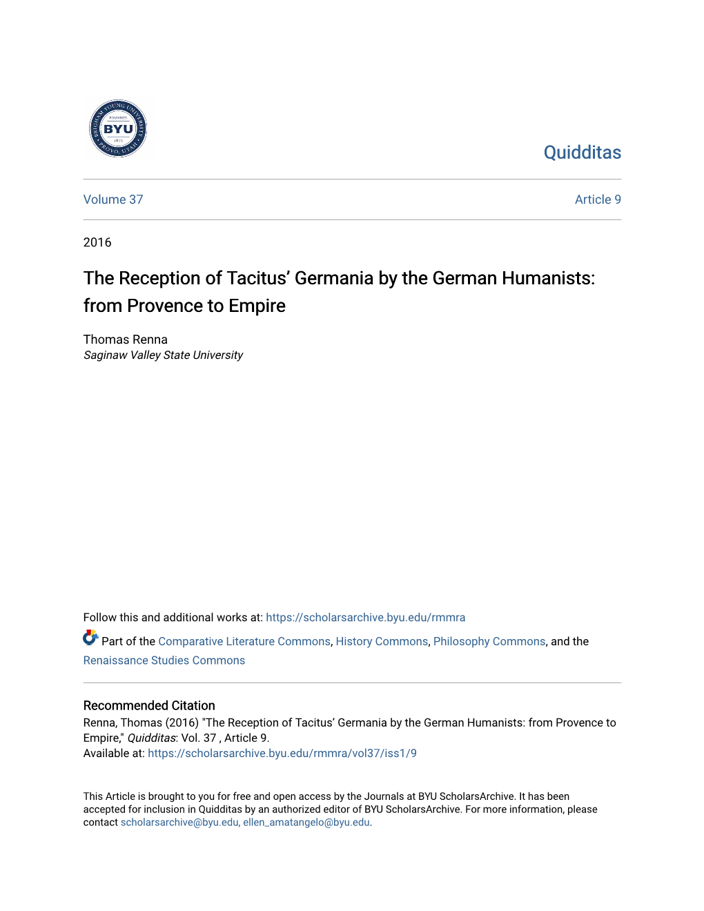 The Reception of Tacitus' Germania by The