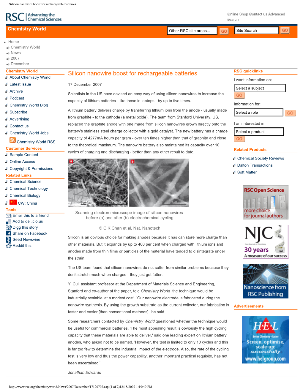 Silicon Nanowire Boost for Rechargeable Batteries