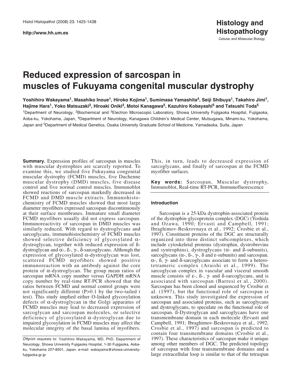 Reduced Expression of Sarcospan in Muscles of Fukuyama Congenital Muscular Dystrophy