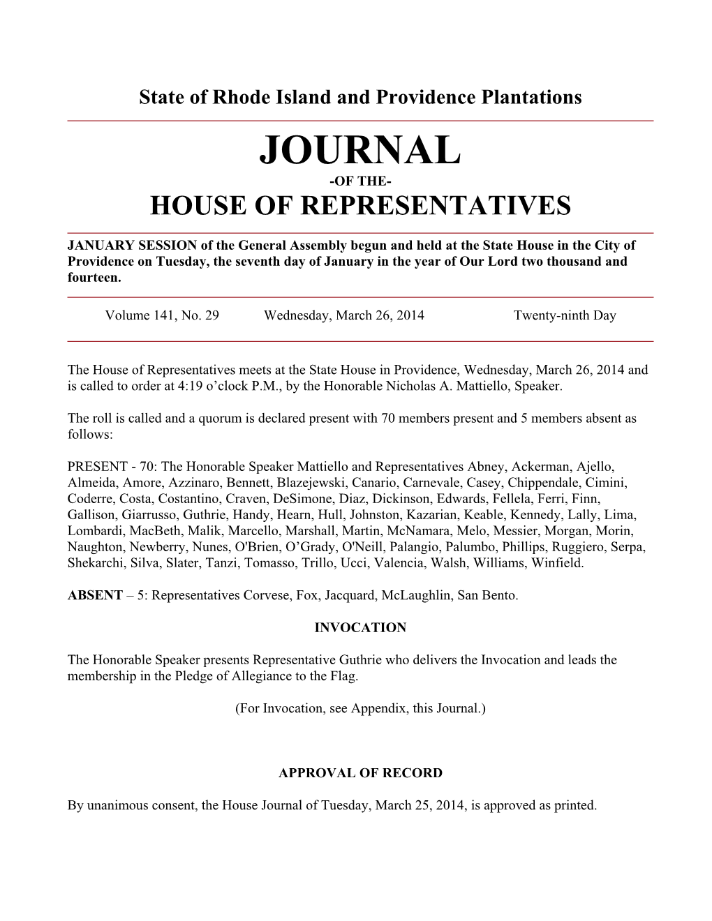 Journal -Of The- House of Representatives