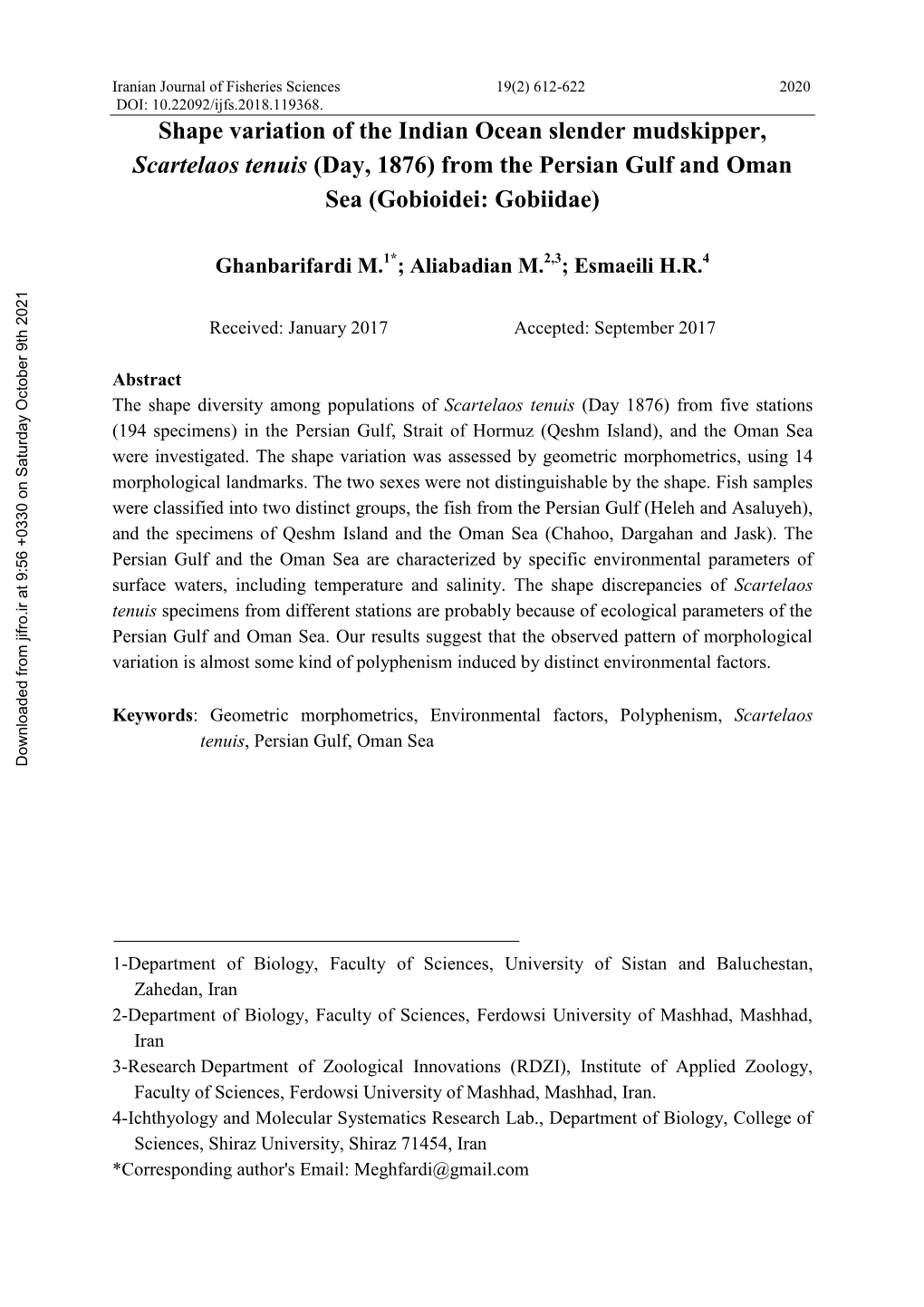 Shape Variation of the Indian Ocean Slender Mudskipper, Scartelaos Tenuis (Day, 1876) from the Persian Gulf and Oman Sea (Gobioidei: Gobiidae)