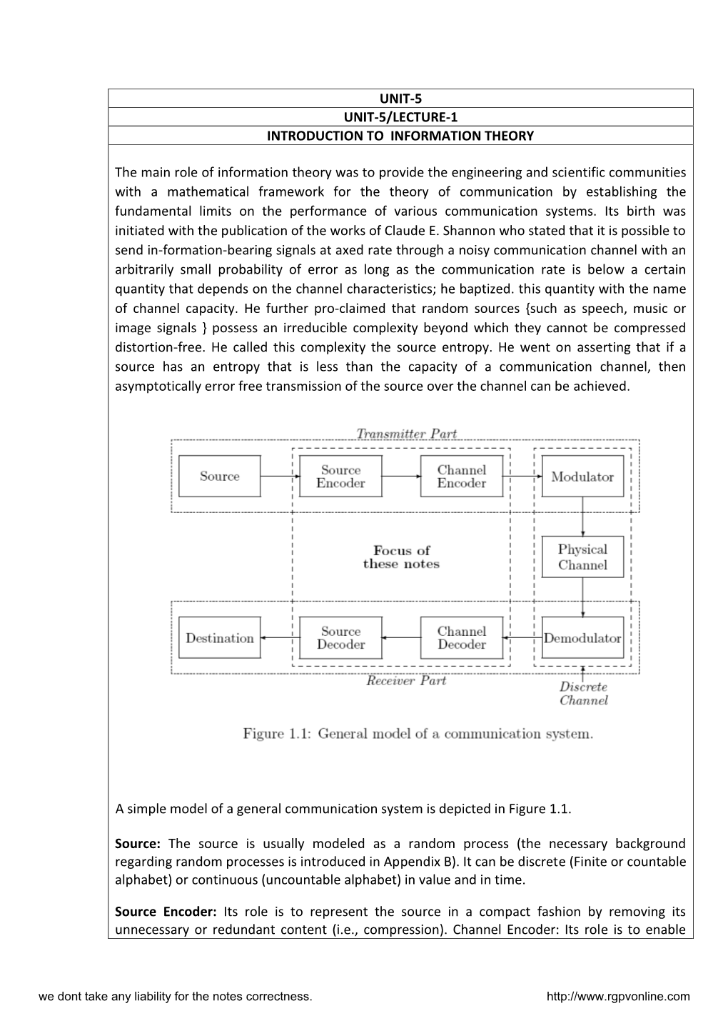 UNIT-5 UNIT-5/LECTURE-1 INTRODUCTION to INFORMATION THEORY the Main Role of Information Theory Was to Provide the Engineering A