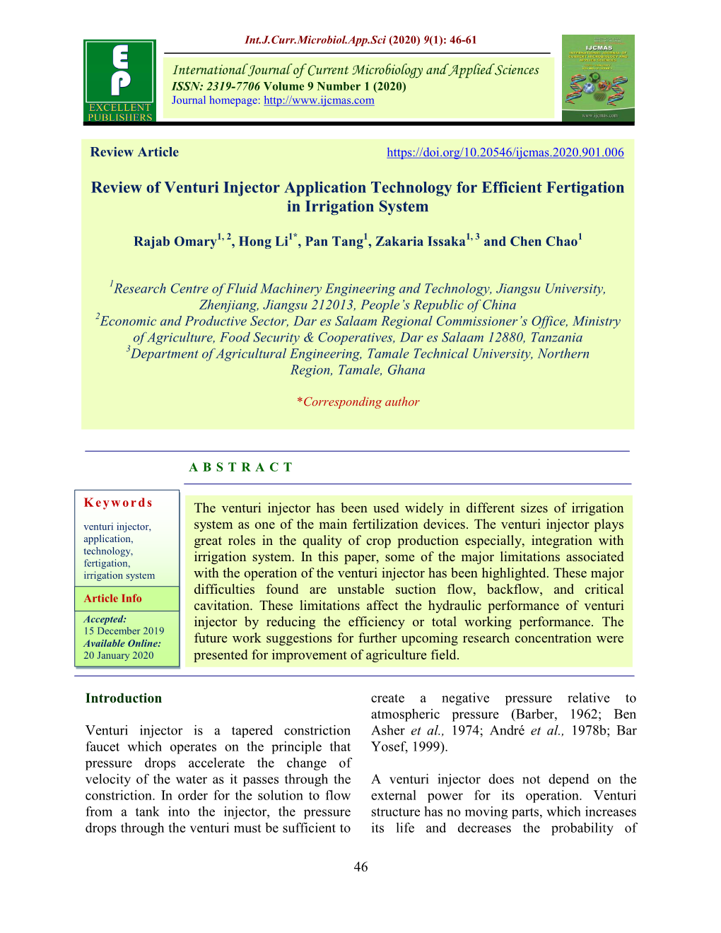 Review of Venturi Injector Application Technology for Efficient Fertigation in Irrigation System