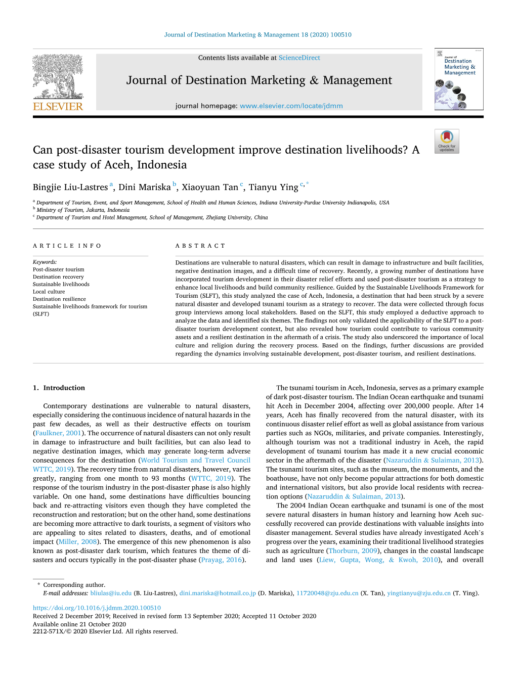 Can Post-Disaster Tourism Development Improve Destination Livelihoods? a Case Study of Aceh, Indonesia