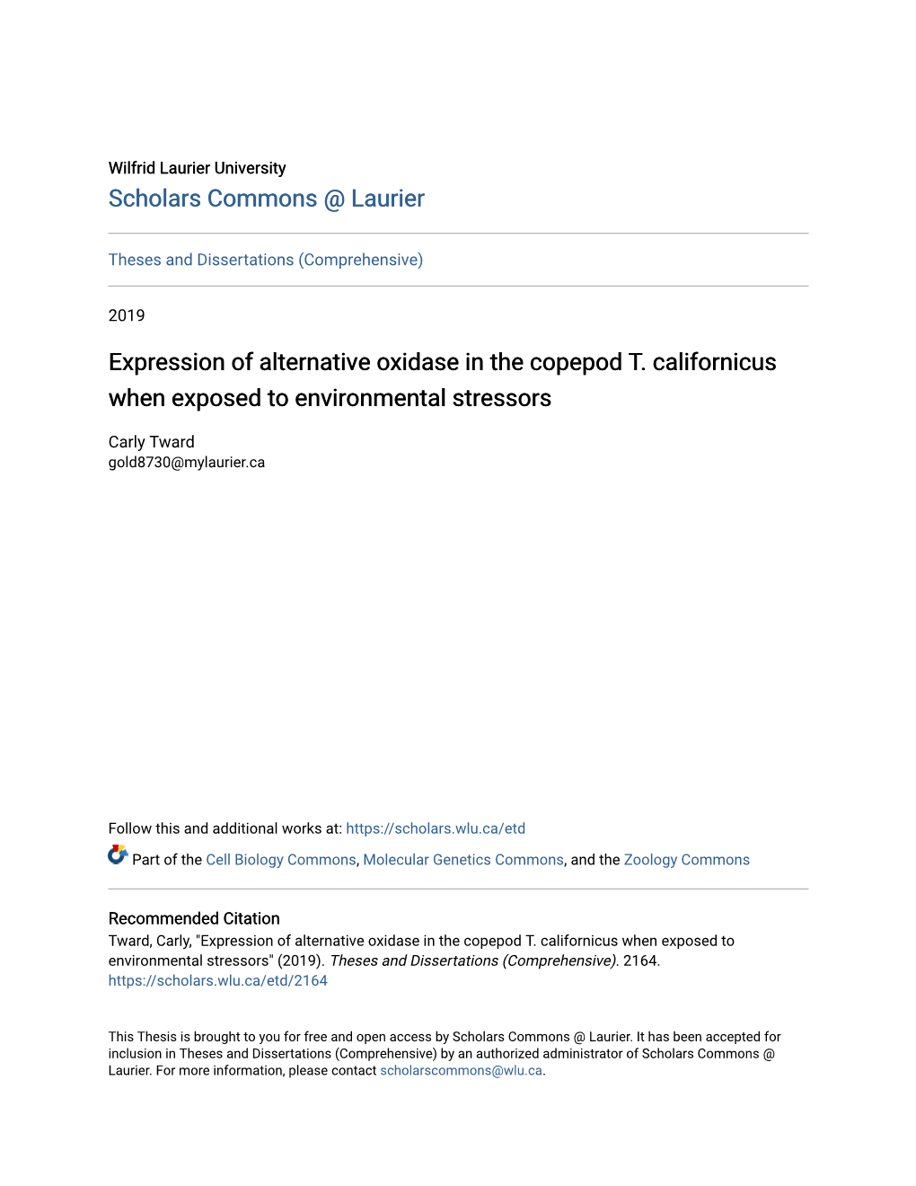 Expression of Alternative Oxidase in the Copepod T. Californicus When Exposed to Environmental Stressors
