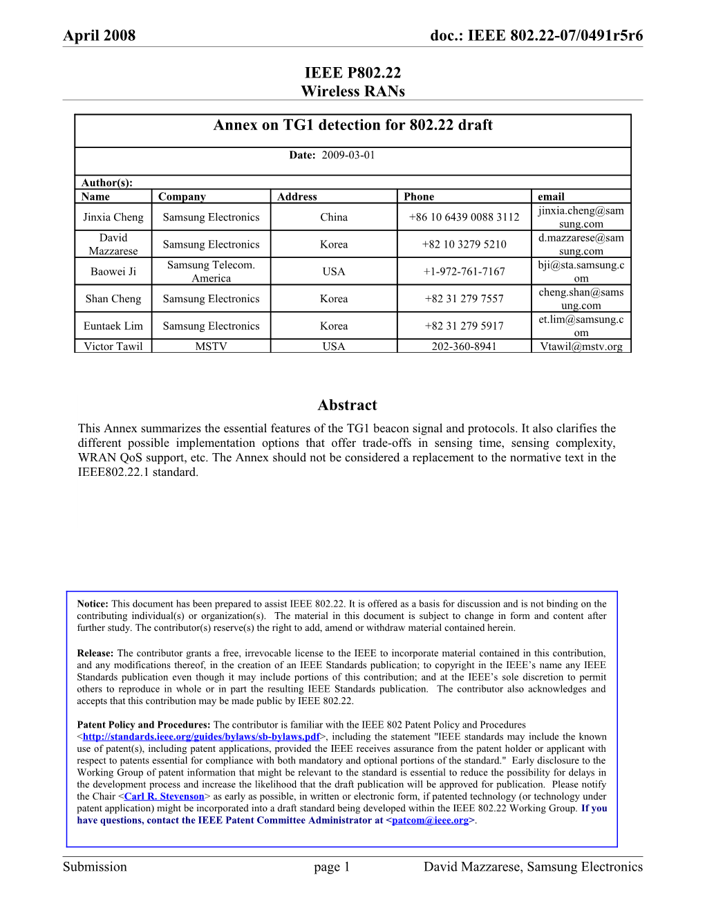 1. Summary of the Characteristics of the IEEE802.22.1 Beacon Signal and Protocols