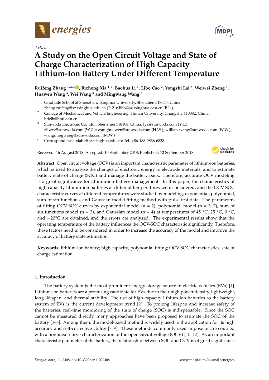 A Study on the Open Circuit Voltage and State of Charge Characterization of High Capacity Lithium-Ion Battery Under Different Temperature