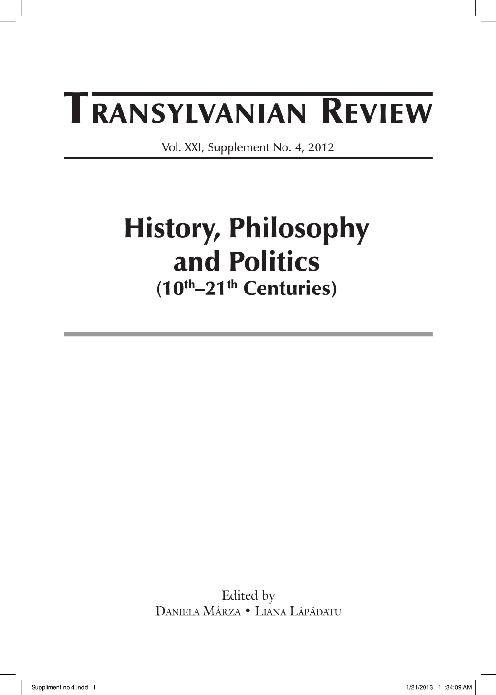 Transylvanian Review History, Philosophy and Politics