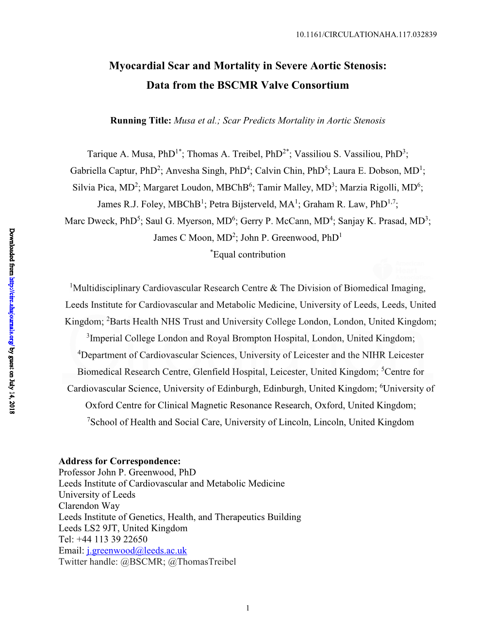 Myocardial Scar and Mortality in Severe Aortic Stenosis: Data from the BSCMR Valve Consortium