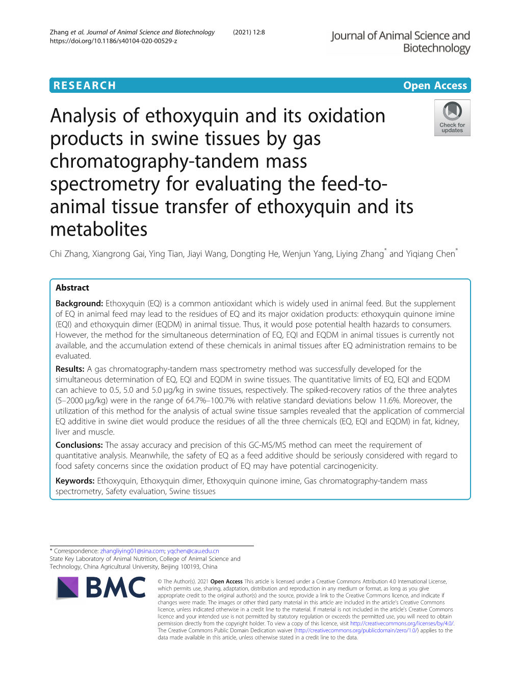 Analysis of Ethoxyquin and Its Oxidation Products in Swine Tissues