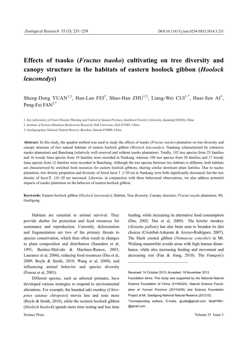 Fructus Tsaoko) Cultivating on Tree Diversity and Canopy Structure in the Habitats of Eastern Hoolock Gibbon (Hoolock Leuconedys