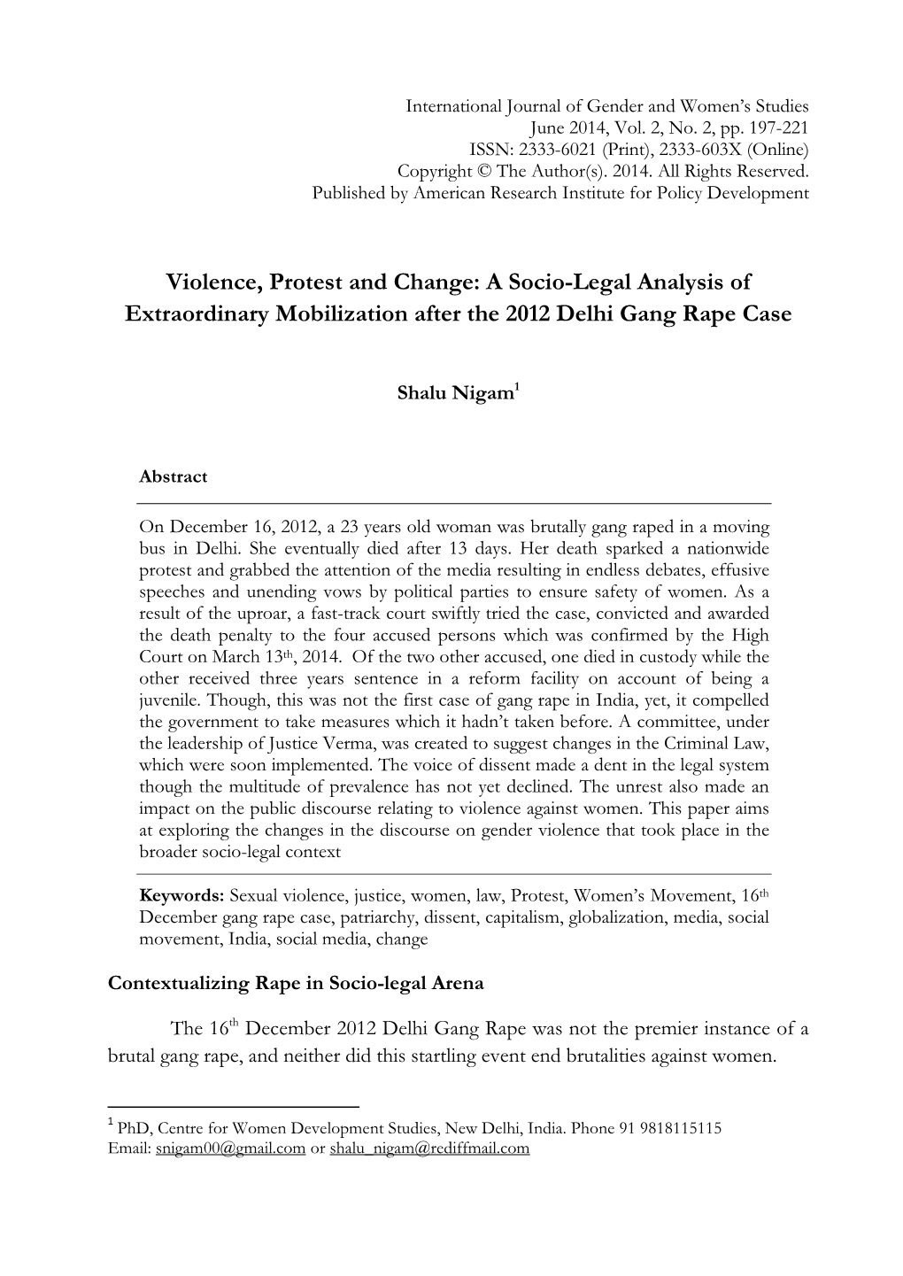 Violence, Protest and Change: a Socio-Legal Analysis of Extraordinary Mobilization After the 2012 Delhi Gang Rape Case