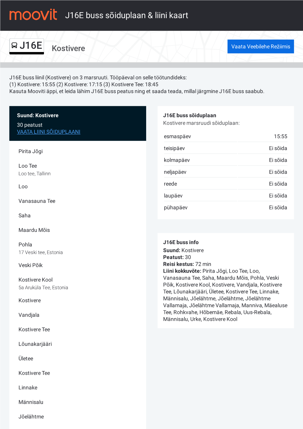 J16E Buss Sõiduplaan & Liini Marsruudi Kaart