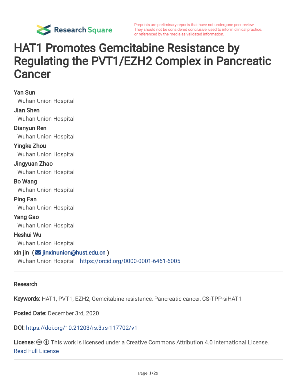 HAT1 Promotes Gemcitabine Resistance by Regulating the PVT1/EZH2 Complex in Pancreatic Cancer