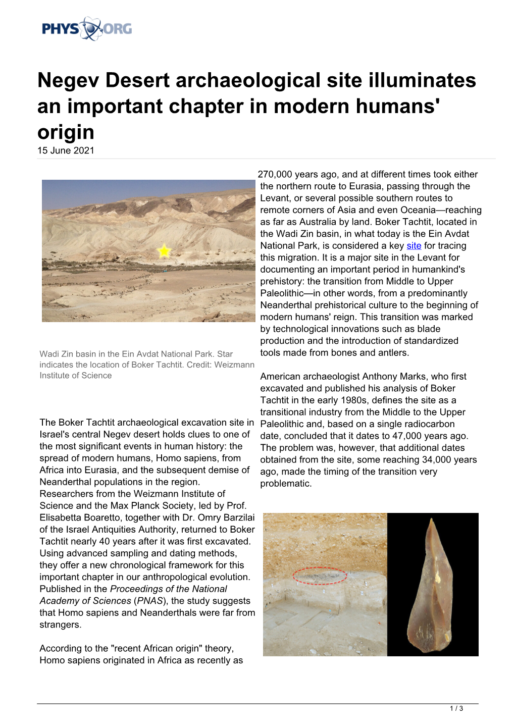 Negev Desert Archaeological Site Illuminates an Important Chapter in Modern Humans' Origin 15 June 2021