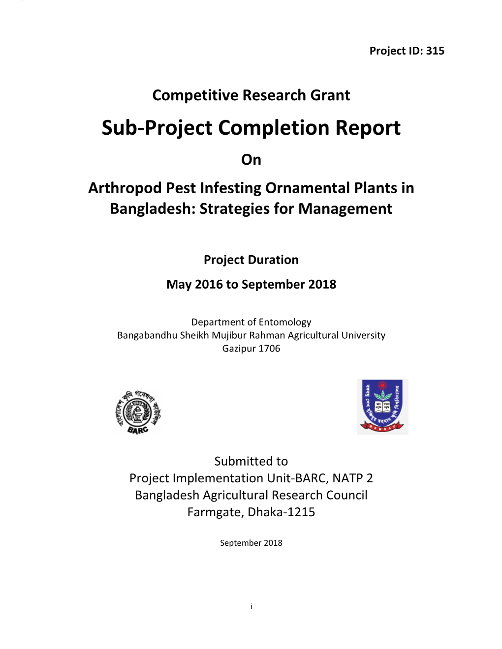 Competitive Research Grant Sub-Project Completion Report on Arthropod Pest Infesting Ornamental Plants in Bangladesh