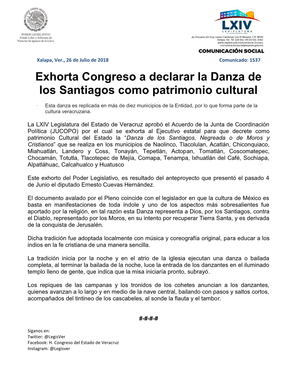 Exhorta Congreso a Declarar La Danza De Los Santiagos Como Patrimonio Cultural