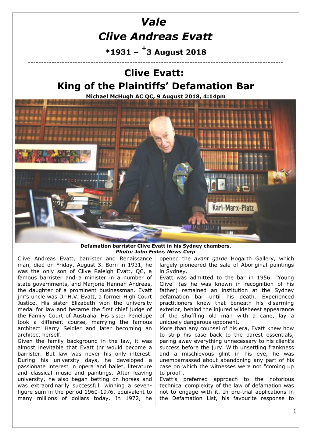 Clive Evatt: King of the Plaintiffs’ Defamation Bar Michael Mchugh AC QC, 9 August 2018, 4:14Pm