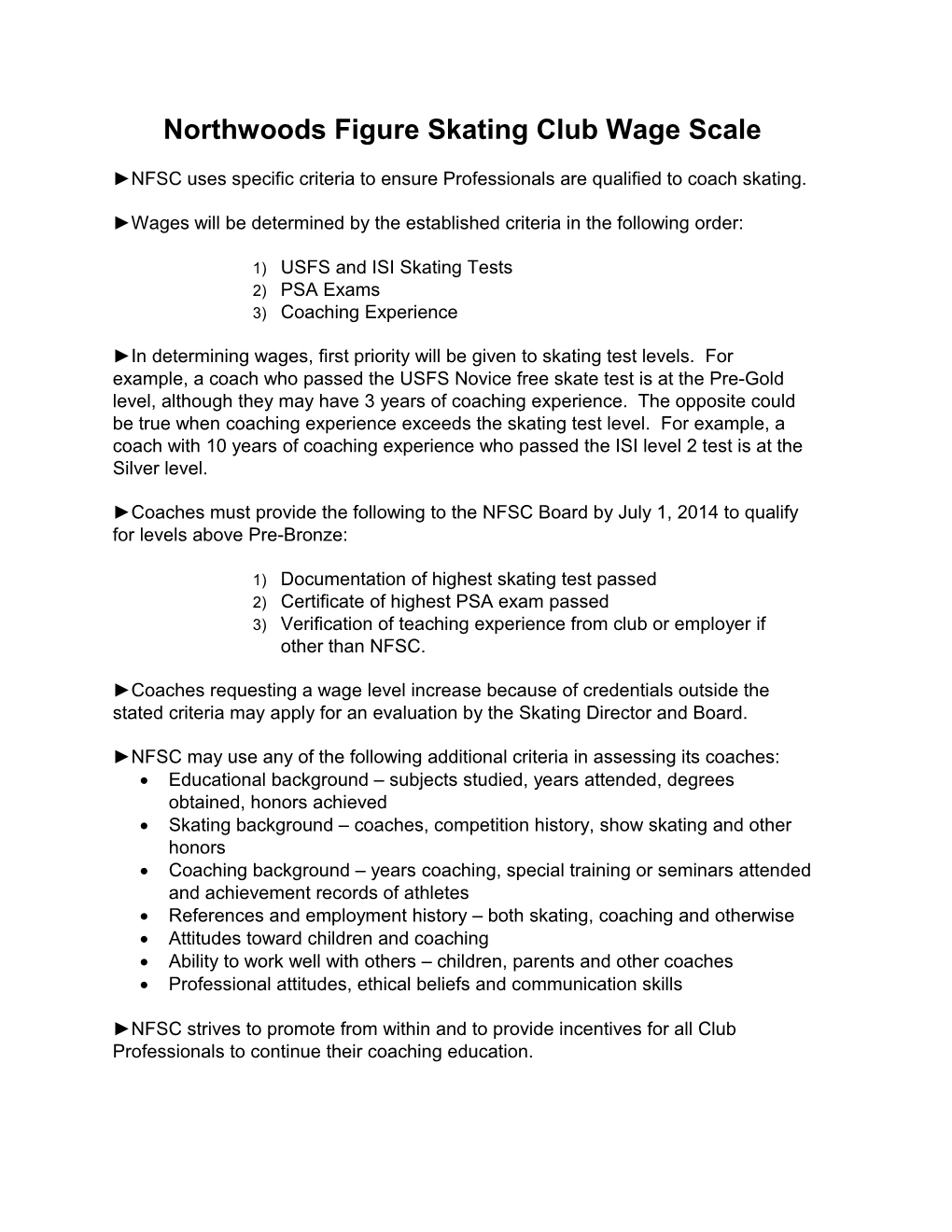 Northwoods Figure Skating Club Wage Scale