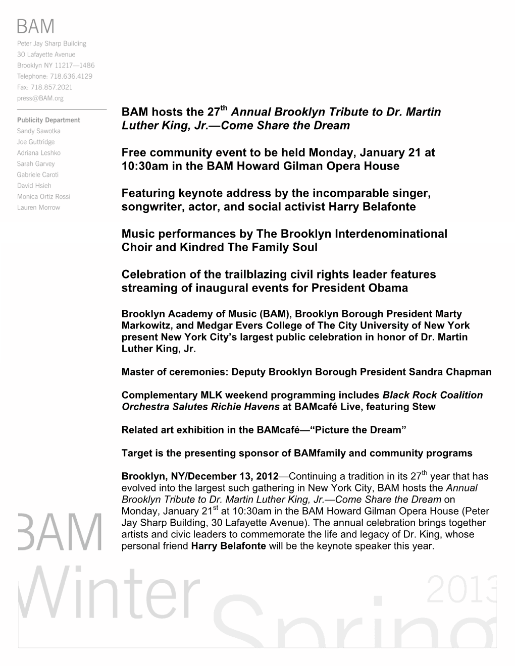 BAM Hosts the 27 Annual Brooklyn Tribute to Dr. Martin Luther King