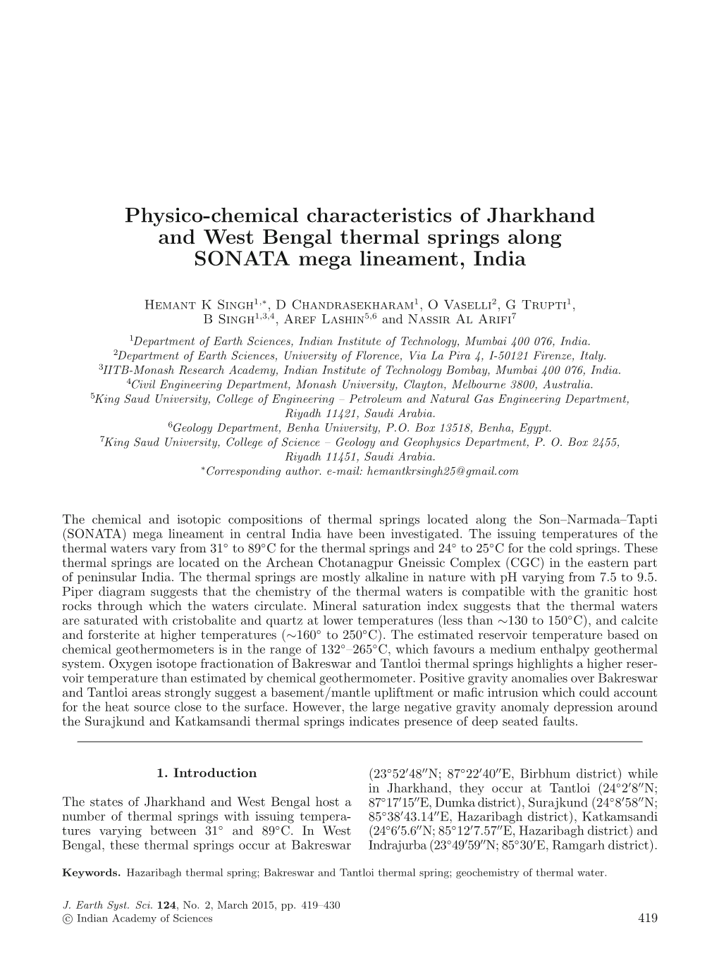 Physico-Chemical Characteristics of Jharkhand and West Bengal Thermal Springs Along SONATA Mega Lineament, India