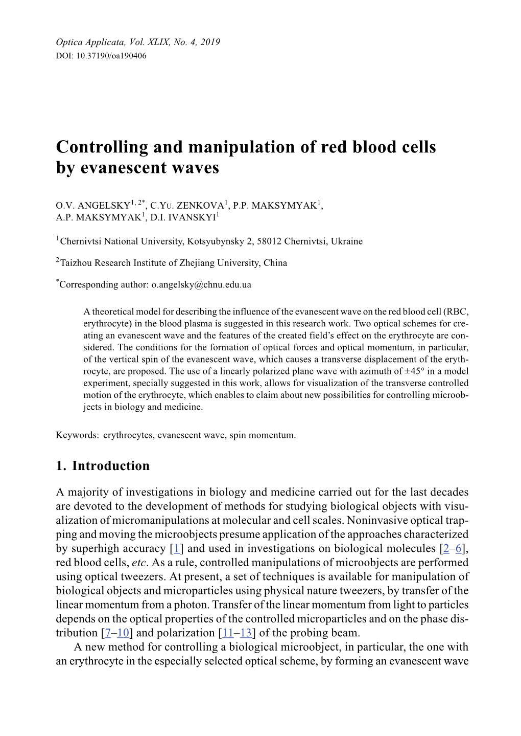 Controlling and Manipulation of Red Blood Cells by Evanescent Waves