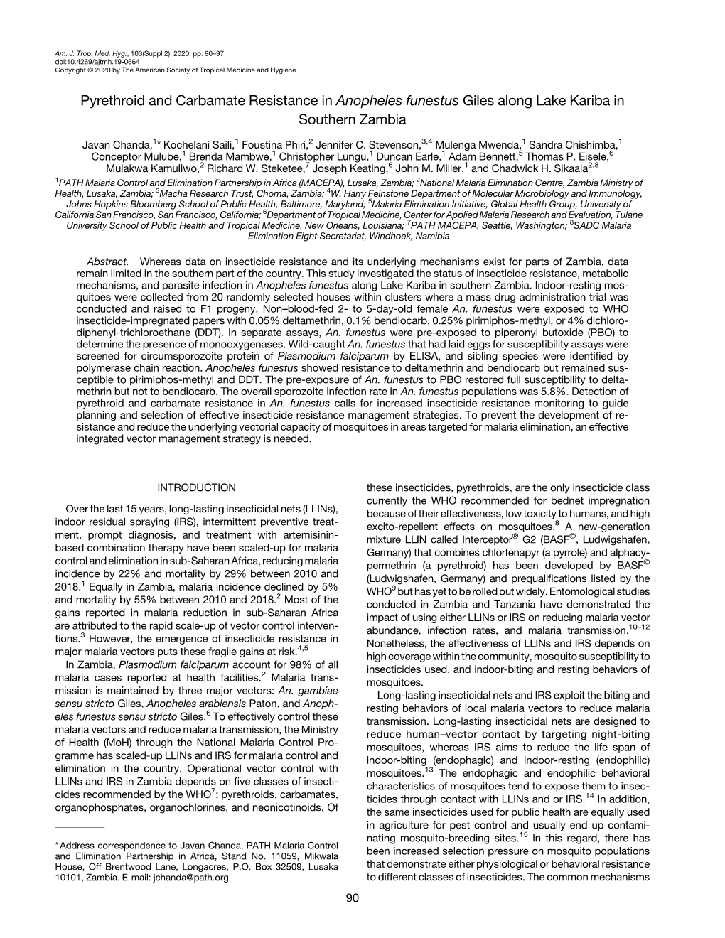 Pyrethroid and Carbamate Resistance in Anopheles Funestus Giles Along Lake Kariba in Southern Zambia