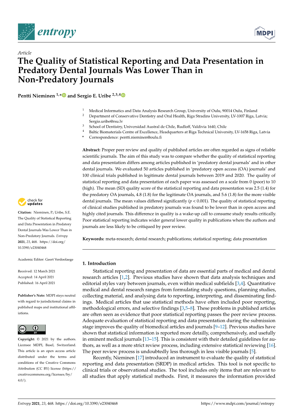 The Quality of Statistical Reporting and Data Presentation in Predatory Dental Journals Was Lower Than in Non-Predatory Journals