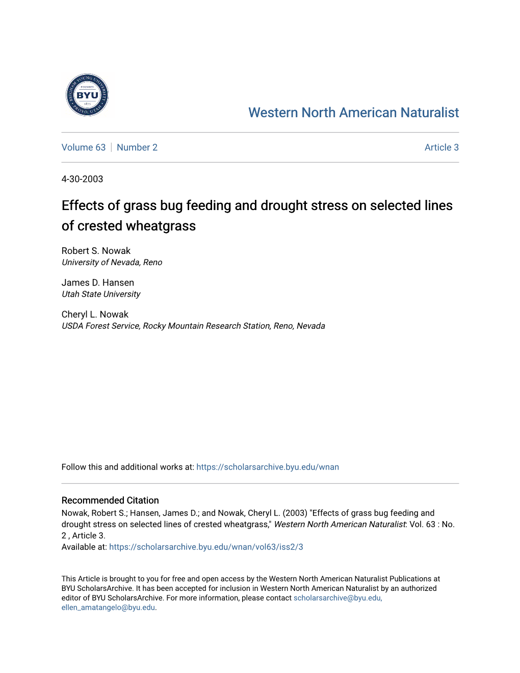 Effects of Grass Bug Feeding and Drought Stress on Selected Lines of Crested Wheatgrass