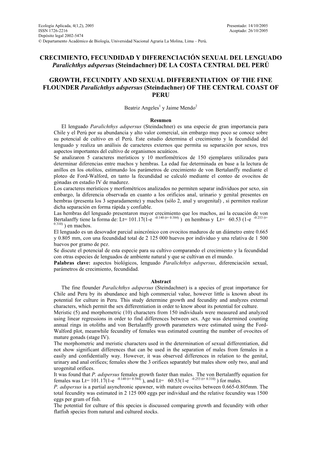 CRECIMIENTO, FECUNDIDAD Y DIFERENCIACIÓN SEXUAL DEL LENGUADO Paralichthys Adspersus (Steindachner) DE LA COSTA CENTRAL DEL PERÚ