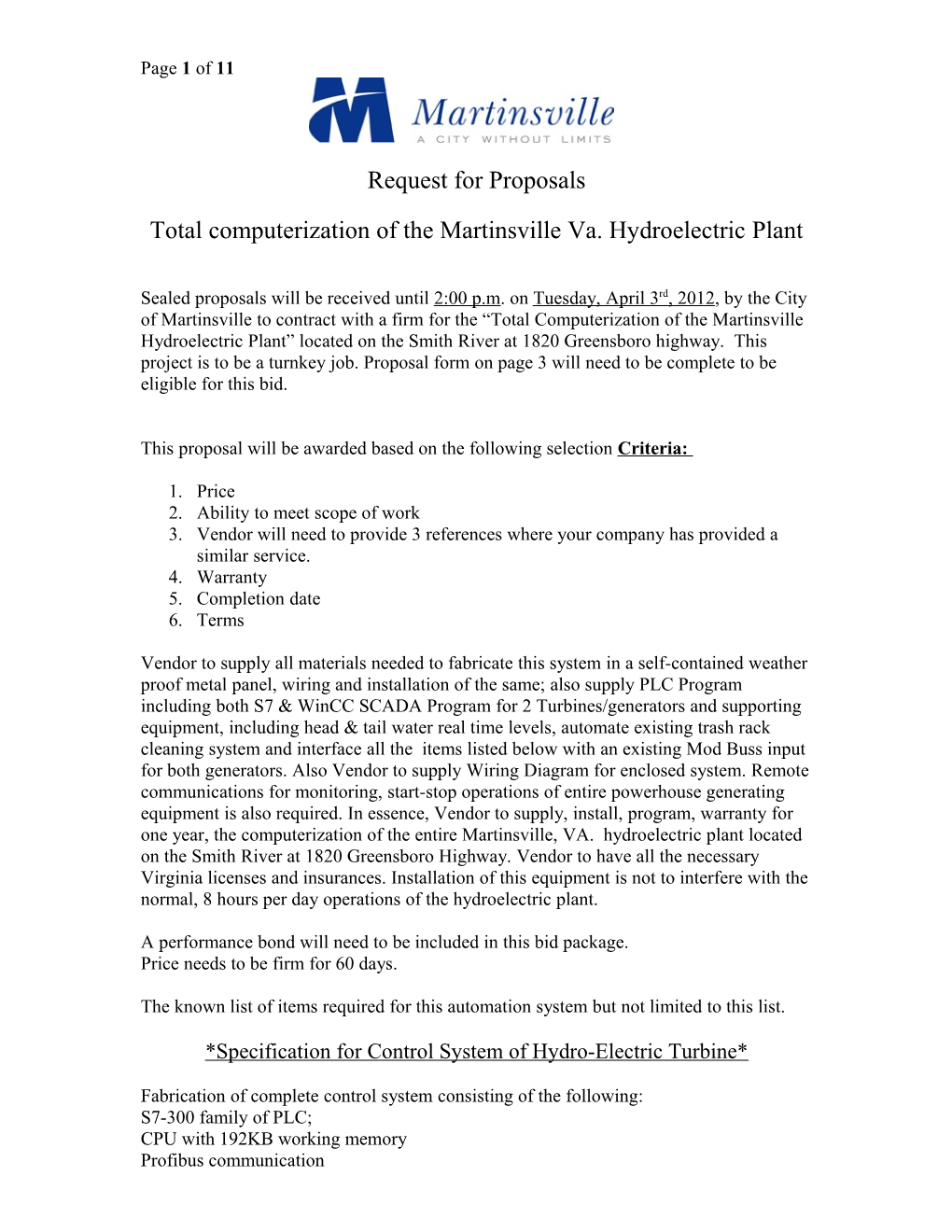 Specification for Control System of Hydro-Electric Turbine